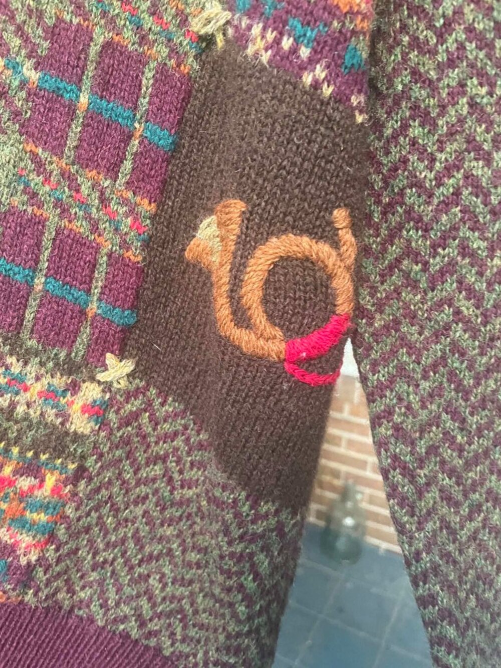 Vintage 90s Susan Bristol Wool Cardigan Sweater M Fall Equestrian Patchwork - Picture 4 of 8